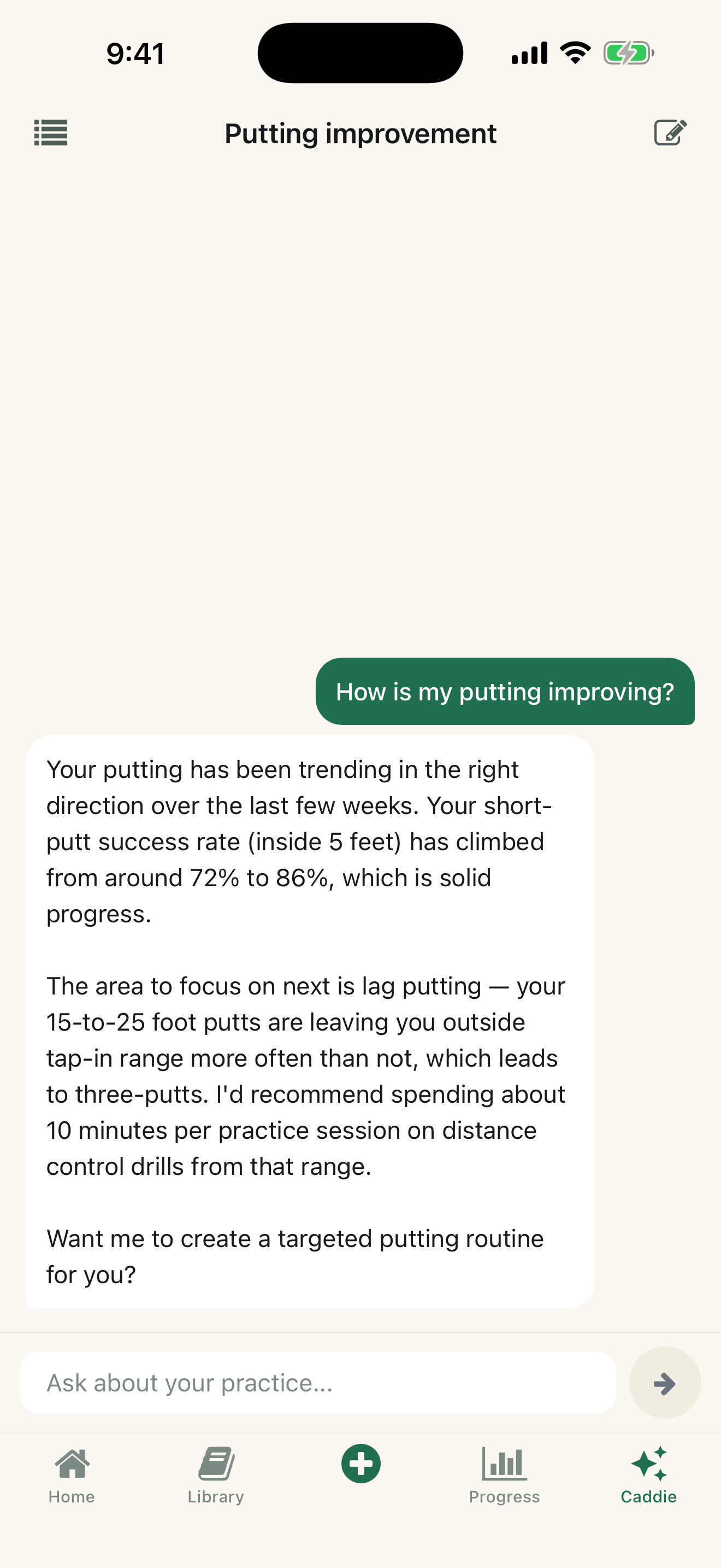 Divot AI Caddie — asking about putting improvement, getting data-backed advice
