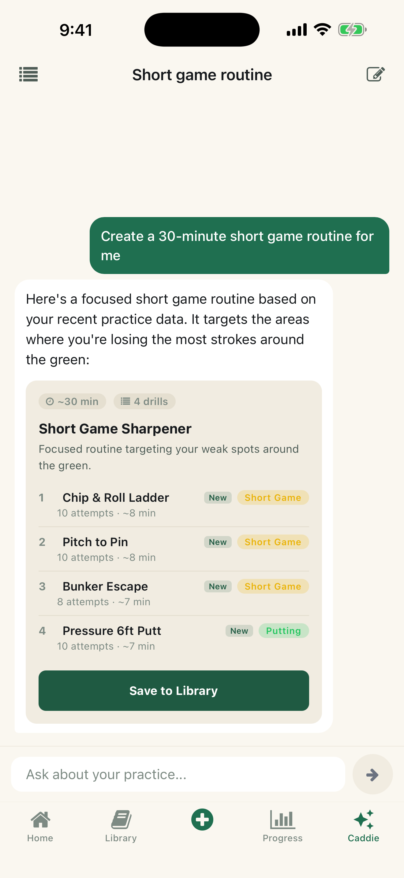 Divot AI Caddie auto-creating a short game routine with custom drills, ready to save