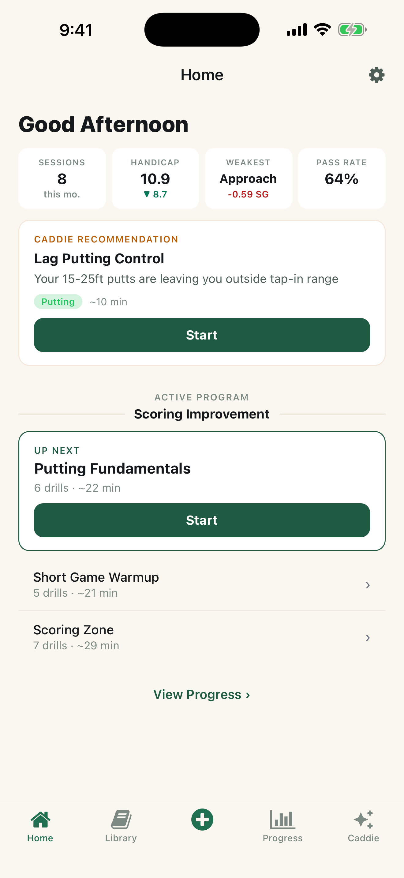 Divot home screen — today's session, Caddie recommendation, active program