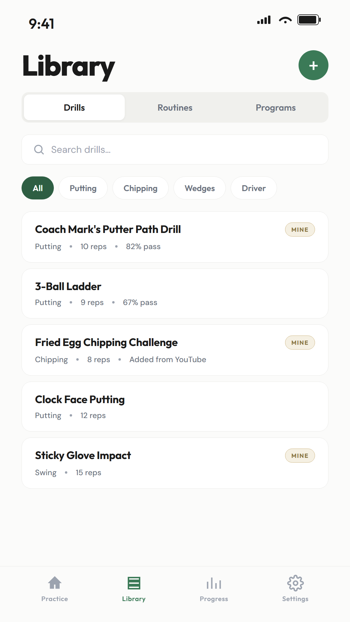 Divot drill library with a mix of custom drills added by the user and preloaded drills