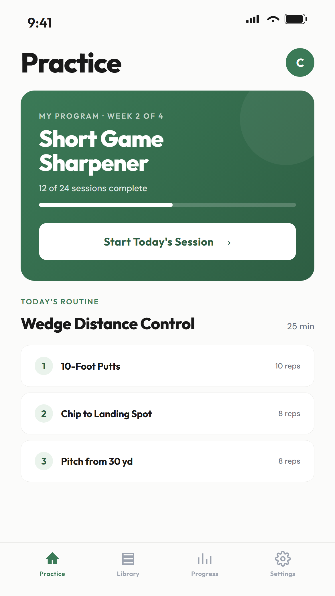 Divot practice home screen showing an active program and today's drill routine