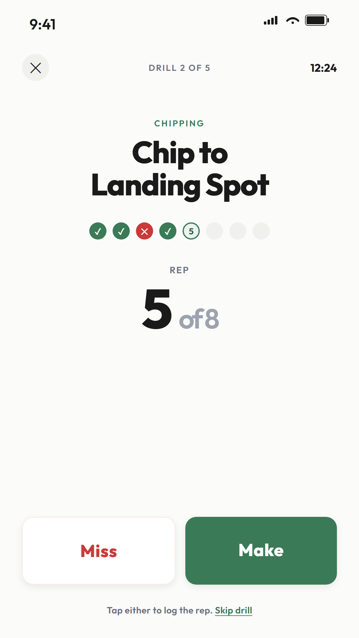 Divot active session screen with large Make and Miss buttons for logging each rep
